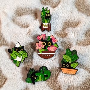 Set of 5 Cats and Plants Enamel Pins